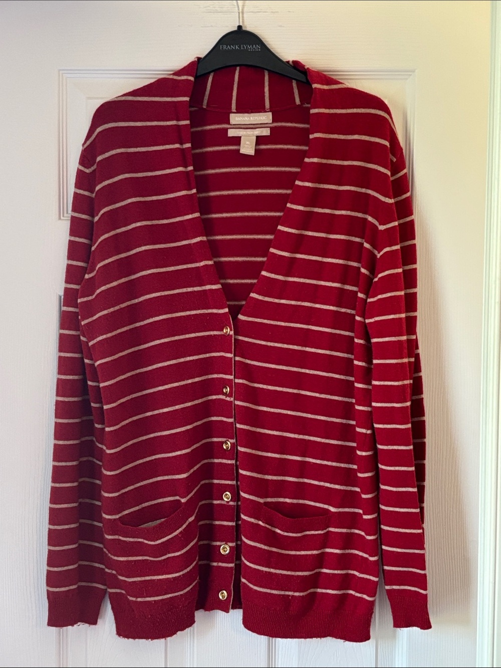 Banana Republic Red and Cream Striped V-Neck Cardigan